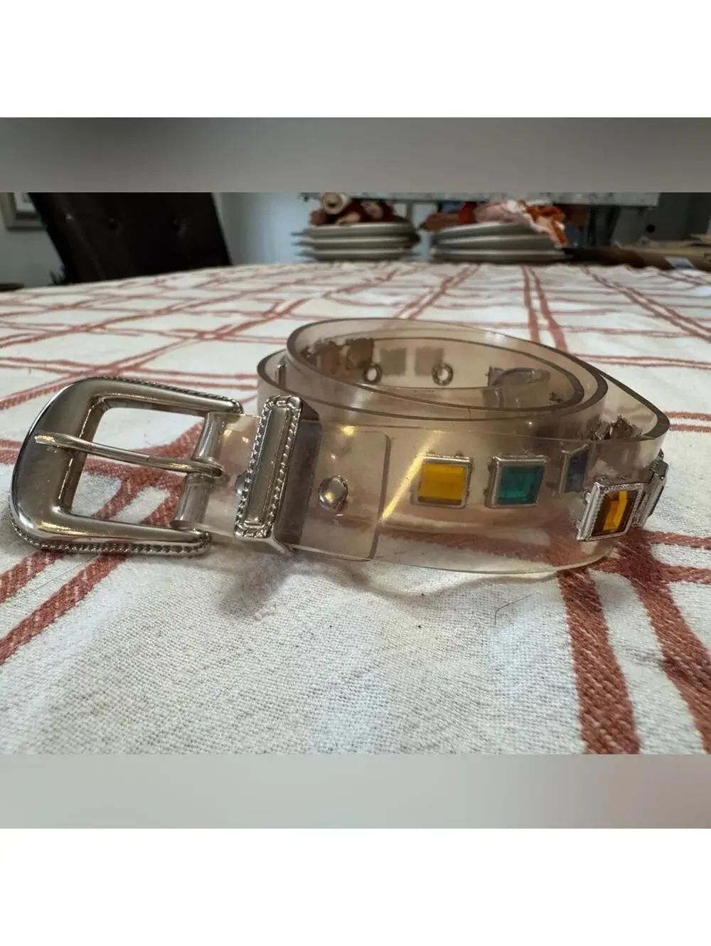 Vtg Clear Plastic Belt Multicolor Rhinestone Gem Accents & Silver Buckle 36”